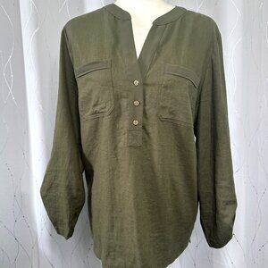 Anne Klein Woman's Olive Green Linen Long Sleeve Top